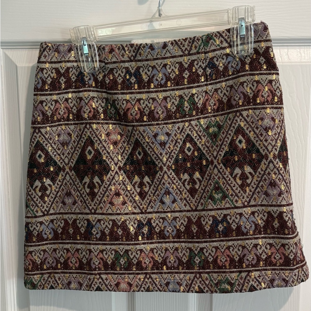 Blue Rain Burgundy Multi Patterned Mini Skirt with Metallic Accents